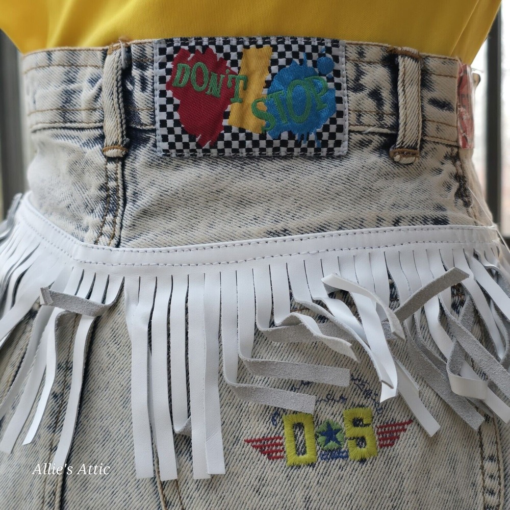 80s 90s Denim Jean Skirt Blue Acid Wash Mom High Waist Fringe Western 9/10 NOS - Picture 4 of 16